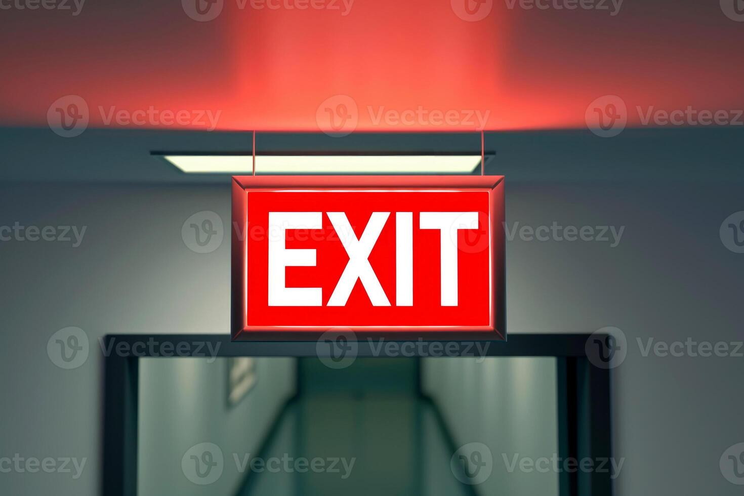 AI generated The Exit sign glowing in red shows the word EXIT to doorway. Generative AI. photo