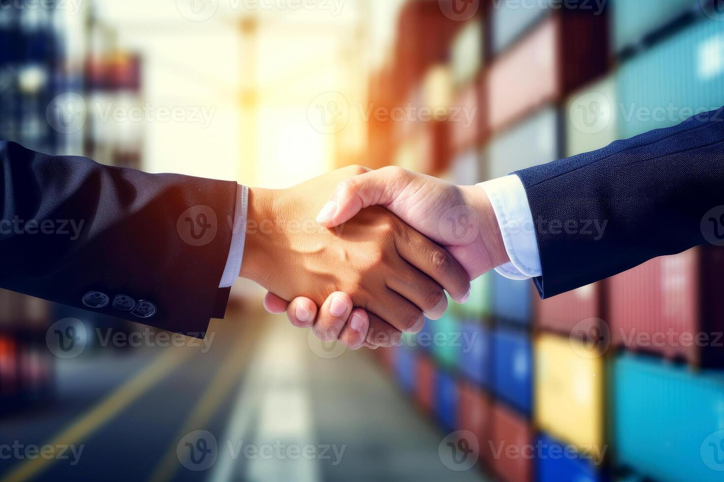 AI generated businessman handshake of business deal with logistic. Generative AI. photo