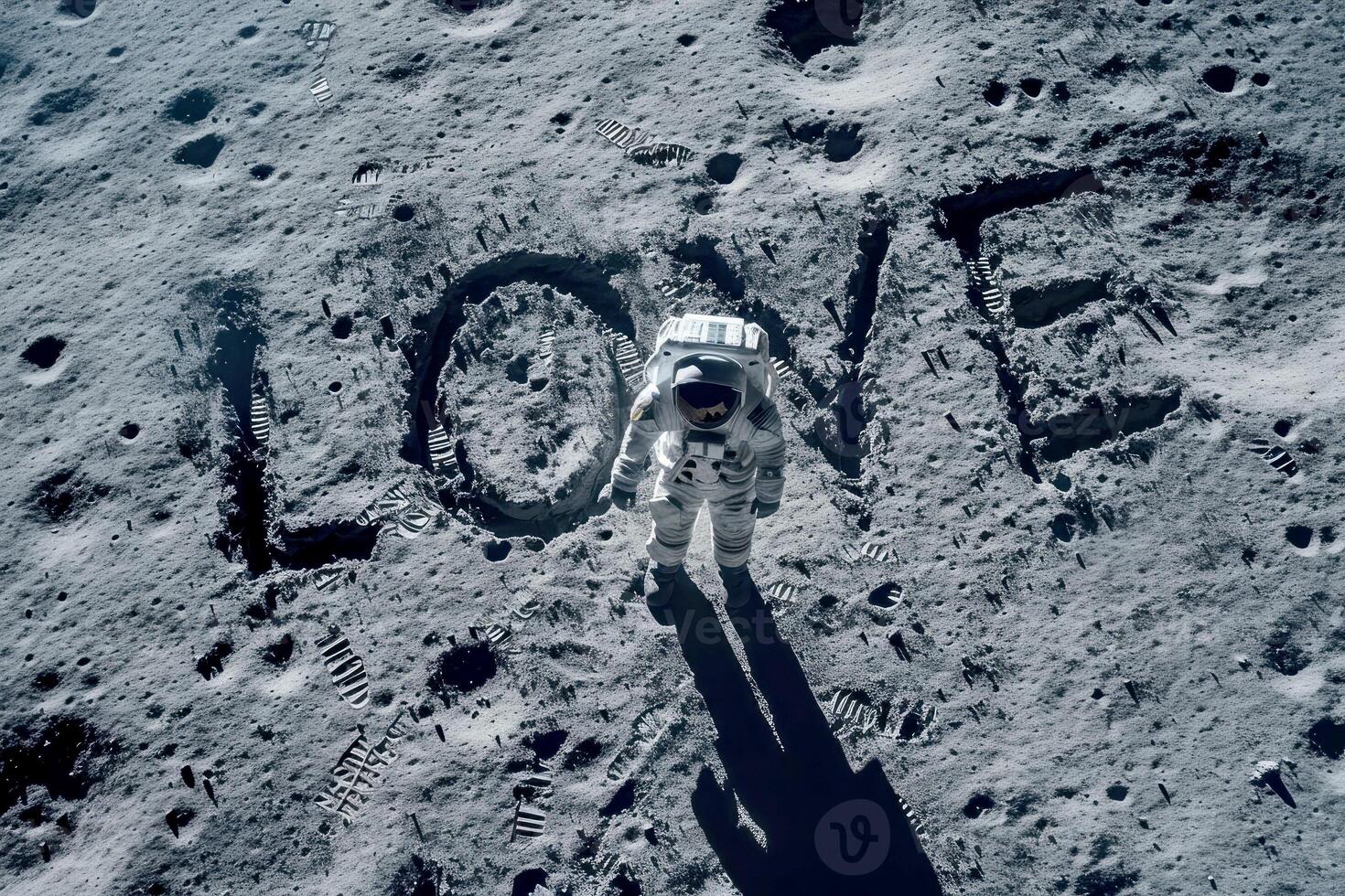 AI generated A space scene at dusk with a LOVE Word drawn in the MOON .Ai Generative photo