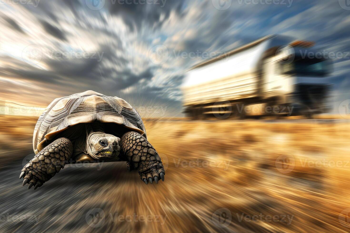 AI generated A turtle that fast runs in blur background .generative AI photo