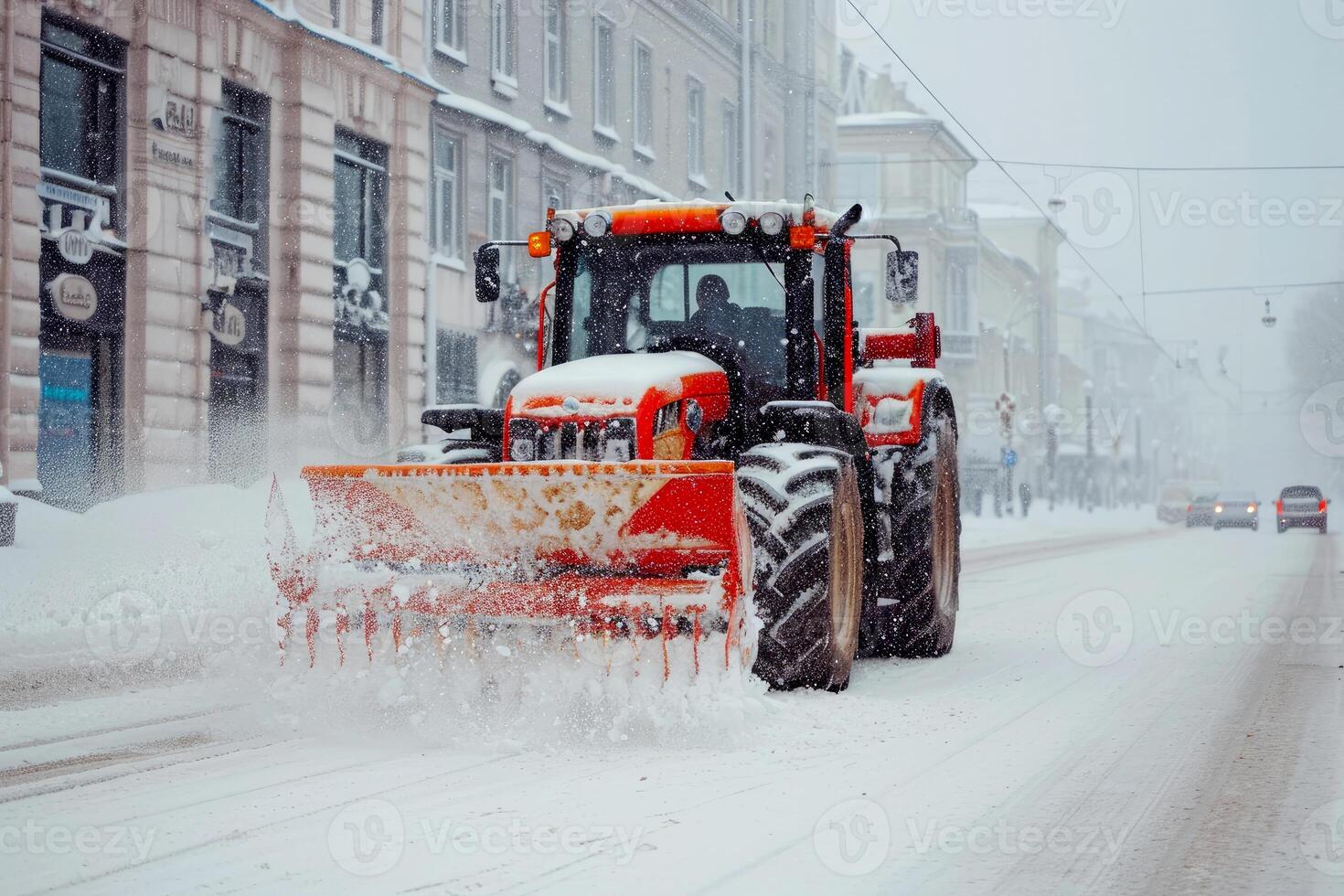 AI generated Tractor with Snow Plow Attachment Clearing Snow on Winter . Generative AI photo