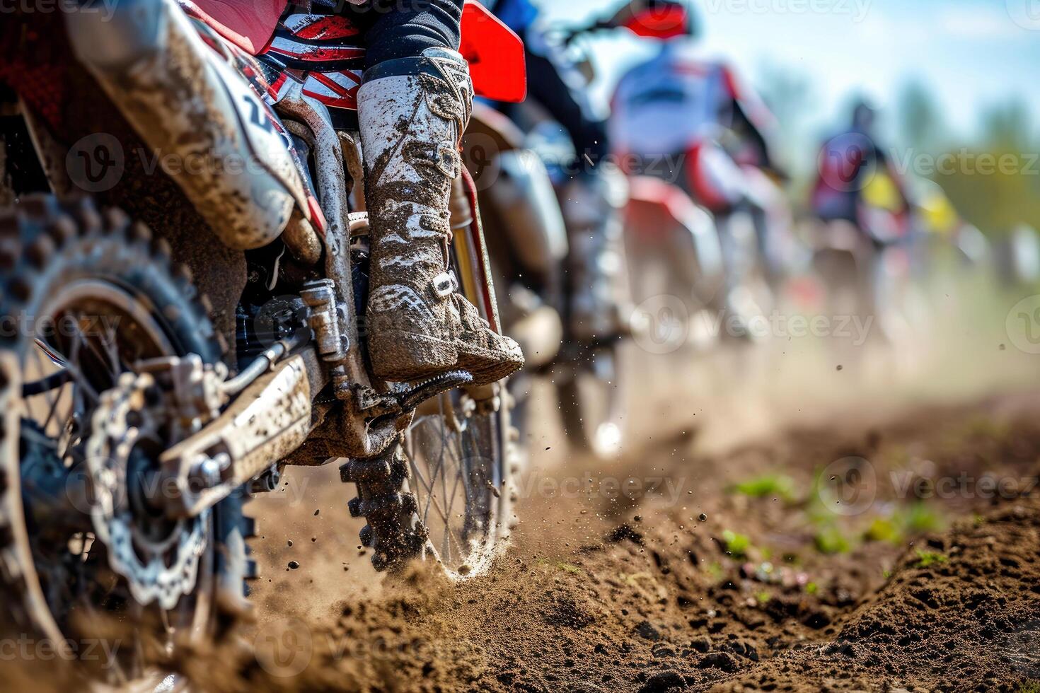 ai generado motocross jinete montando en suciedad pista de cerca neumático generativo ai foto