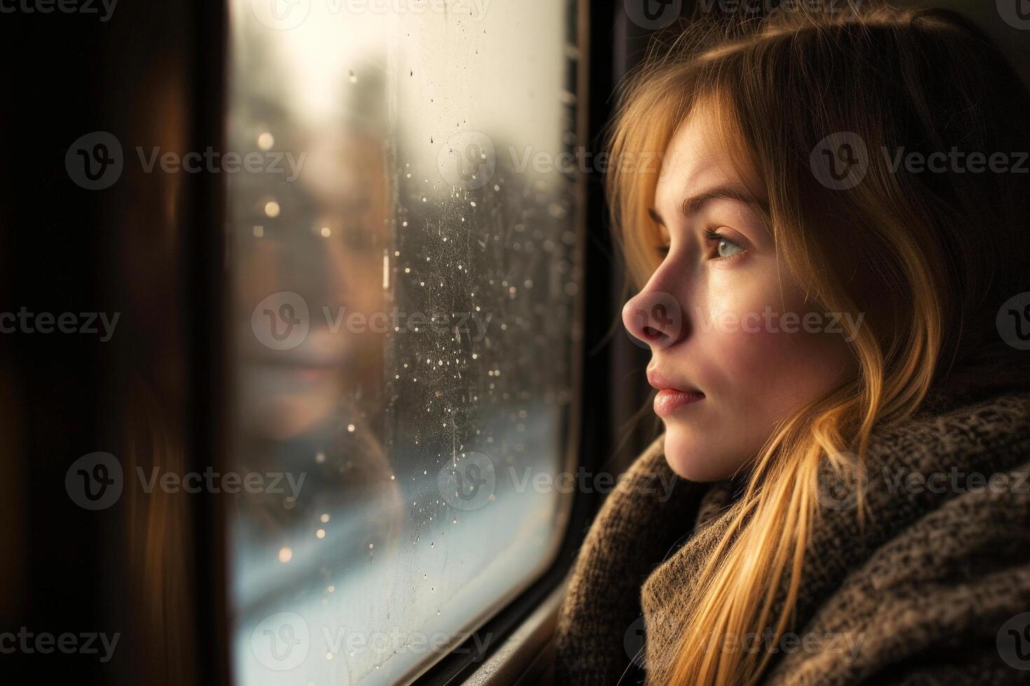 AI generated Woman on a train looking through the window generative ai photo