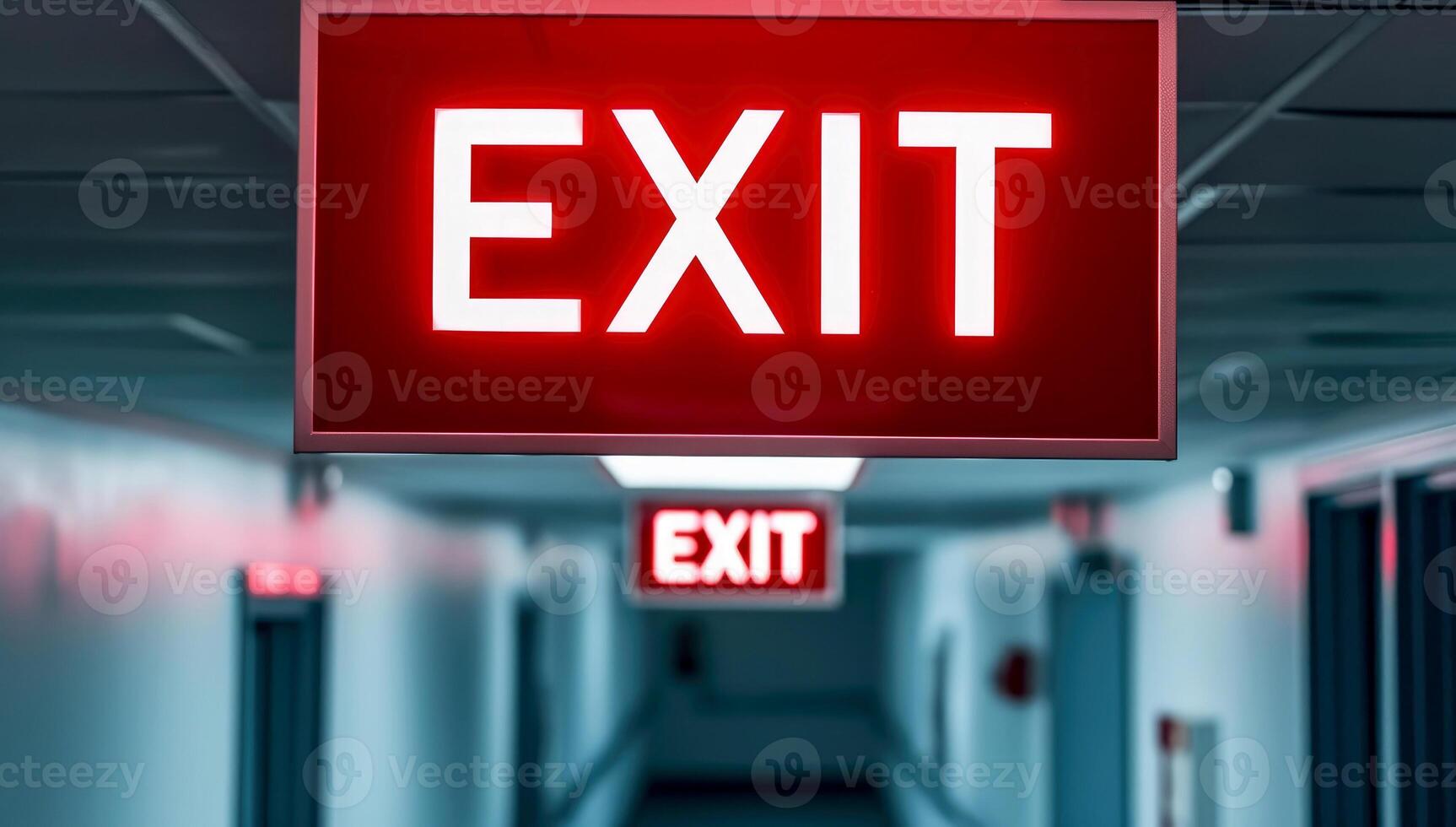 AI generated The Exit sign glowing in red shows the word EXIT to doorway. Generative AI. photo