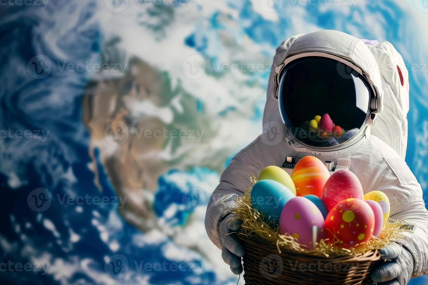 AI generated A space astronaut hold Easter eggs in basket. earth planet background. Generative ai photo