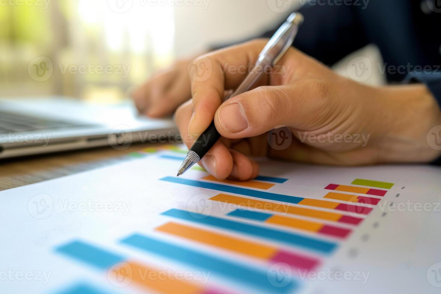 AI generated close up hand Businessman review report. Graphs and charts. Business reports concept Ai generated photo