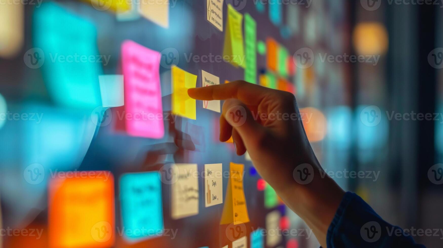 AI generated Agile software development scrum methodology boards. workflow, Finger touching virtual interface.AI generative photo