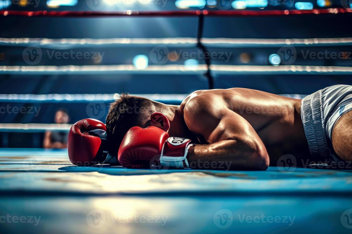 AI generated a boxer man falls knocked out TKO. defeat in battle. ai generative photo