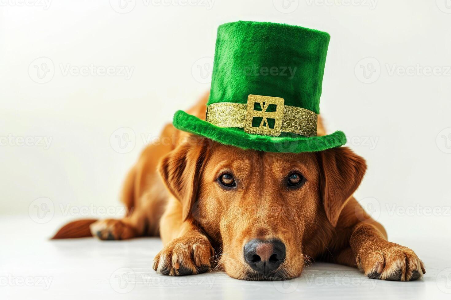 AI generated a dog portrait with a hat for St. Patrick's Day, in the style of fantasy illustration. Generative AI photo