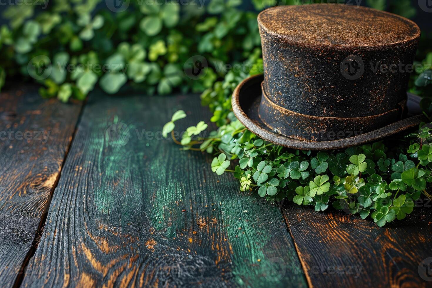 AI generated St. Patrick's Day concept. wooden table in front of shamrock leaf background . Generative Ai. photo