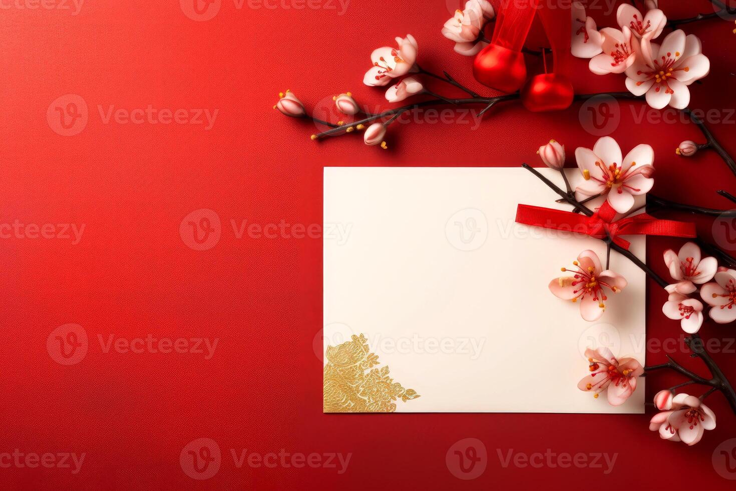 AI generated hand woman holding with blank red card. Chinese new year concept .generative ai photo