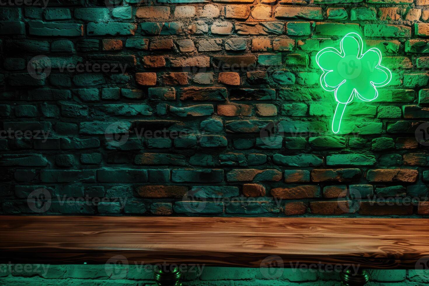 AI generated St. Patrick's Day concept. wooden table in front of shamrock leaf background . Generative Ai. photo