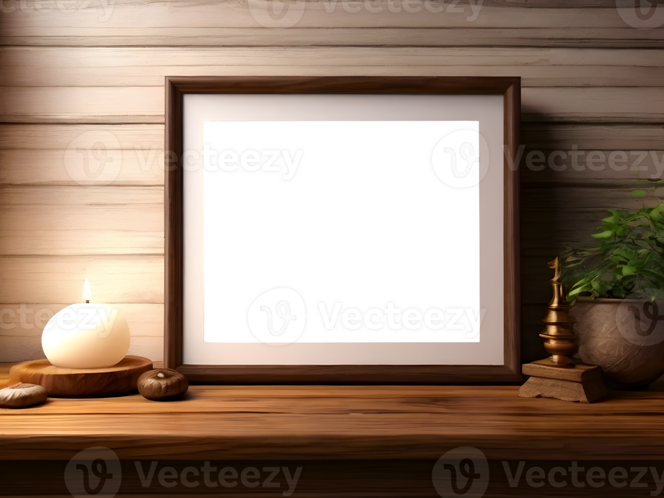 AI generated mockup with wooden beige empty photo frame and ceramic, clay vase with dried flowers. objects stand on light table against brown, natural wall. decor of modern minimalist interior. png