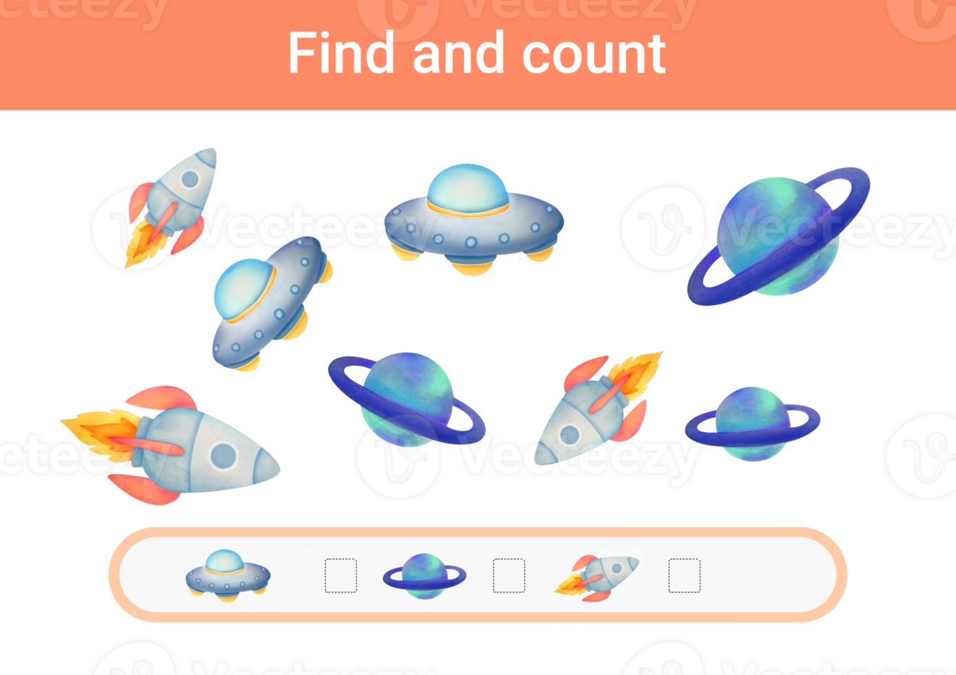 Find all cute spaceships, rockets, planets, flying saucers, Count number and write right answer. Space educational math game for preschool children. study methematics page, nursery childish activity png