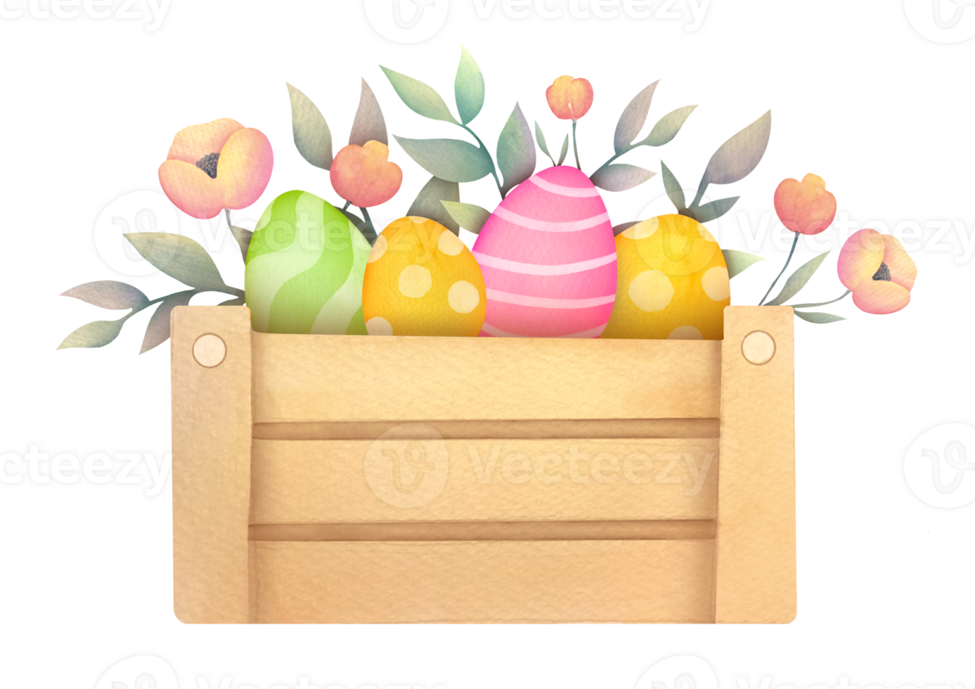 watercolor delicate Happy Easter Greeting card. basket, box with spring flowers and brightly colored Easter eggs. Illustration on  transparent background png