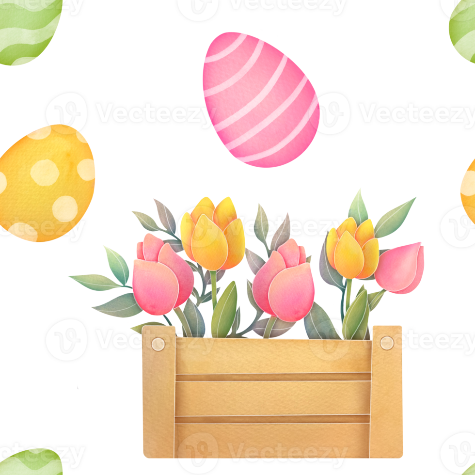seamless pattern with flowers, branches, eggs. happy Easter greeting card. bright cute Clipart, Paschal illustration on transparent background in watercolor style. Christian church holiday Easter png