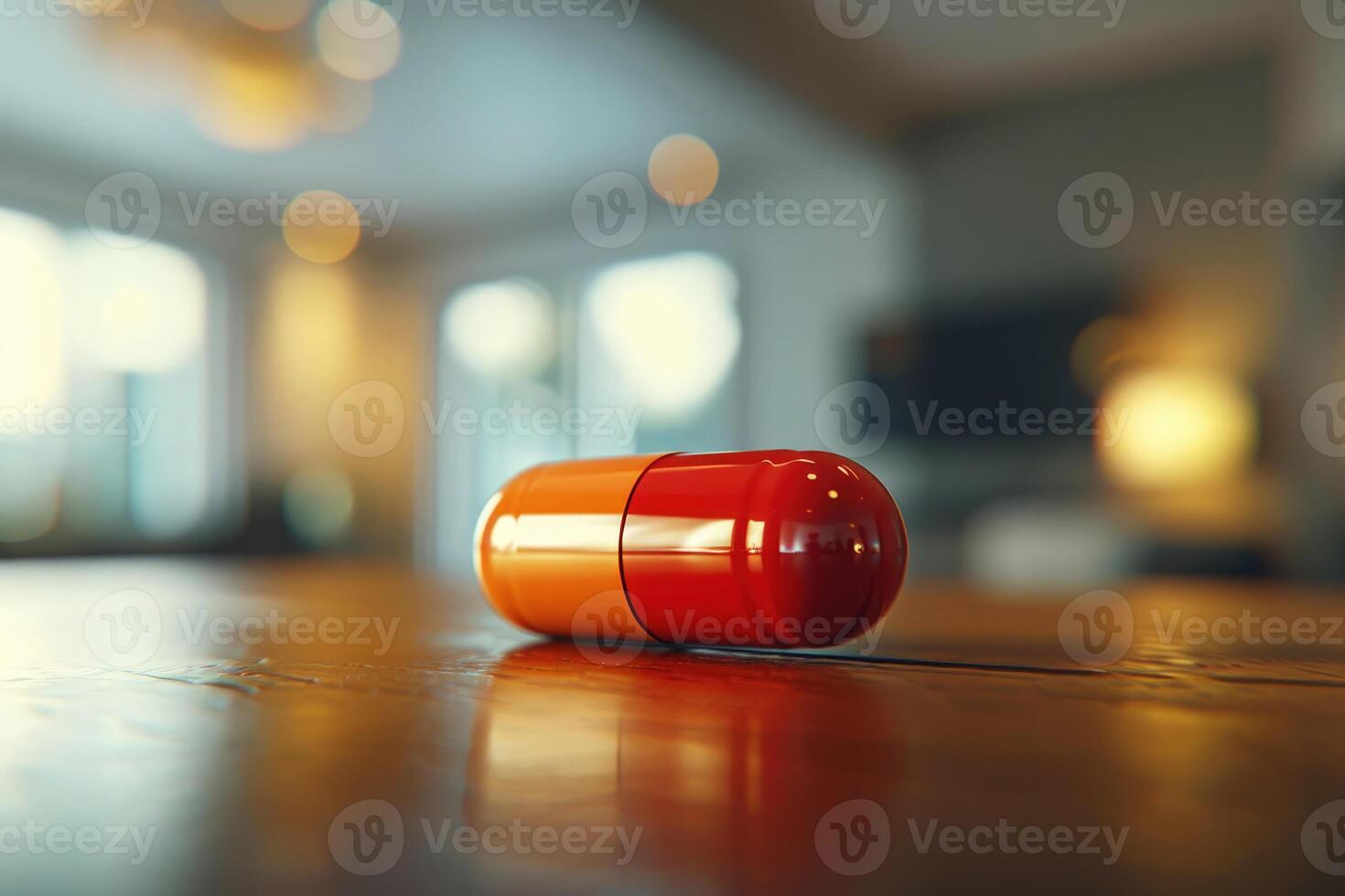 AI generated a glass of water on wooden table next to a pill.ai generative photo