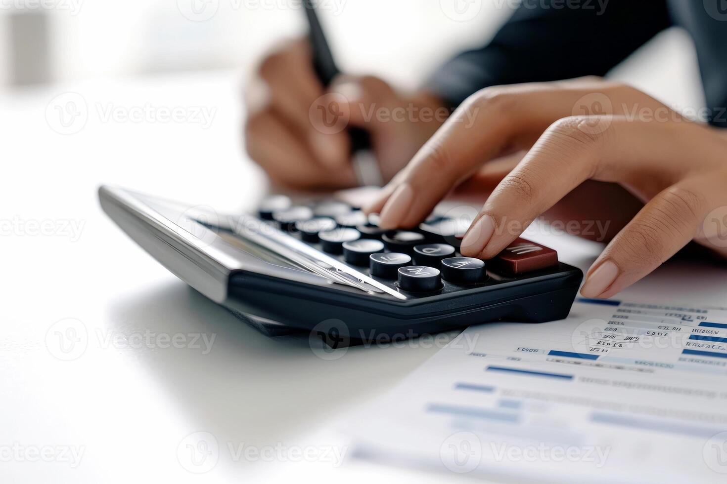 AI generated Financial data analyzing counting concept for Businessman's hands with calculator and laptop on desk in modern office. Generative AI photo