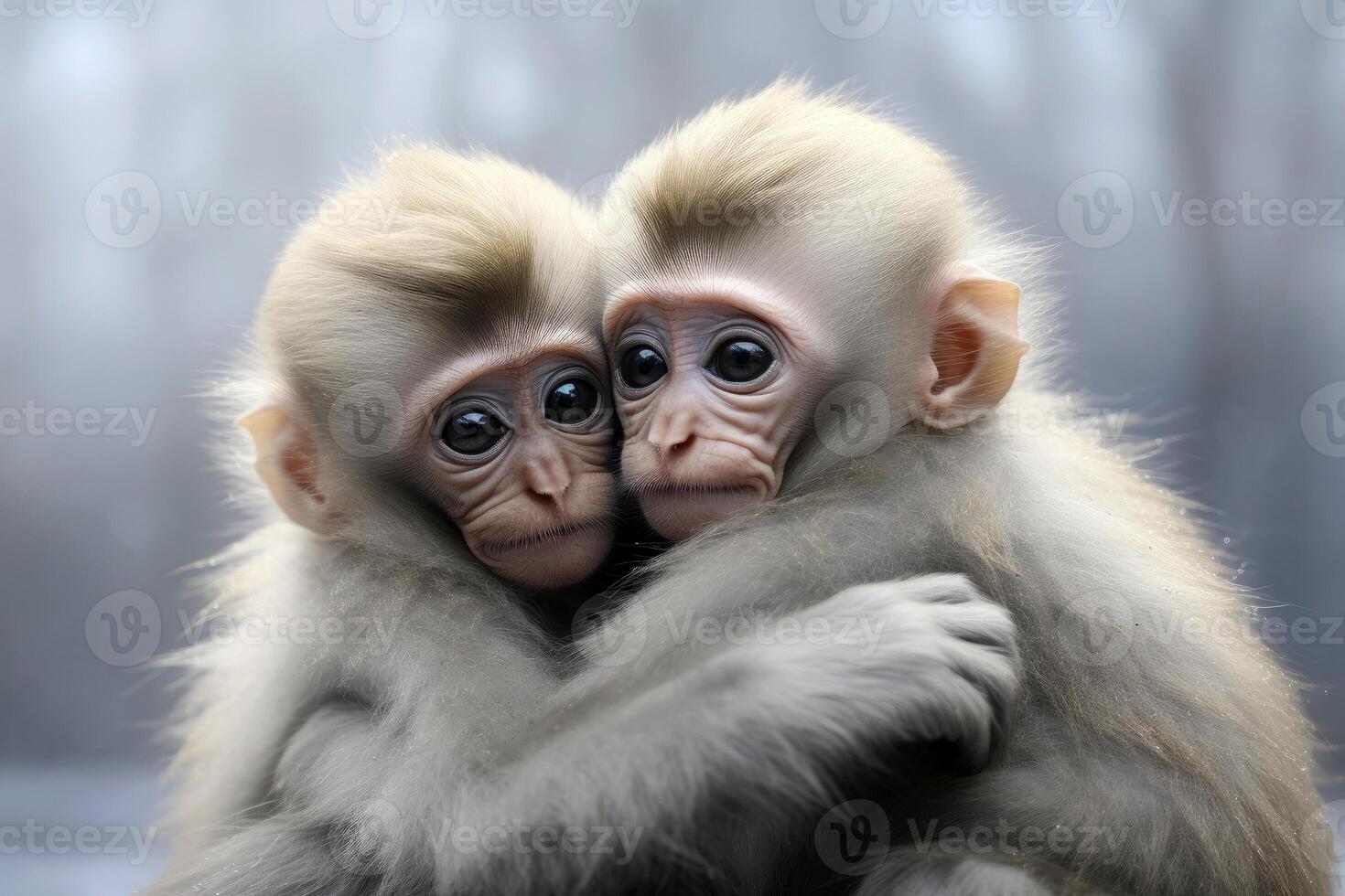 AI generated Mother monkey with her monkey child hug together in shinning light. Generative AI photo