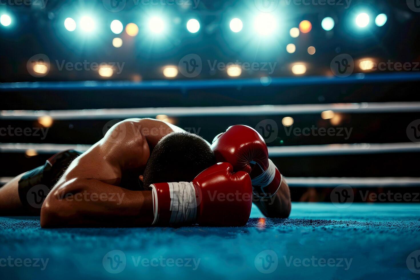 AI generated a boxer man falls knocked out TKO. defeat in battle. ai generative photo