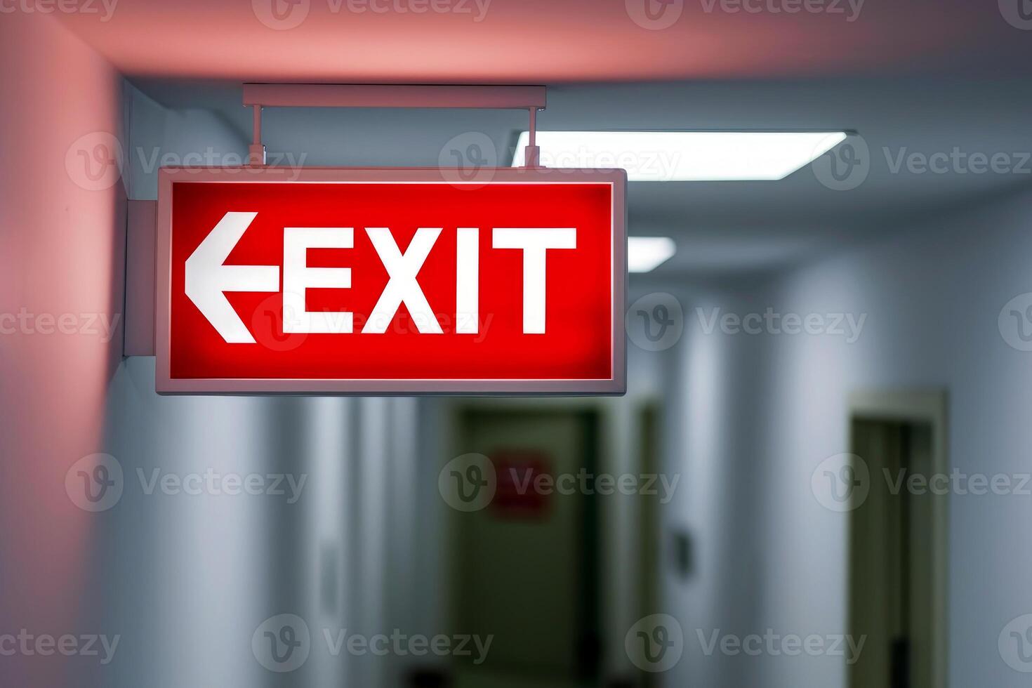 AI generated The Exit sign glowing in red shows the word EXIT to doorway. Generative AI. photo