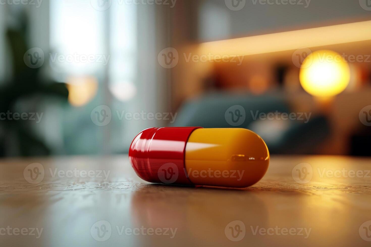 AI generated a glass of water on wooden table next to a pill.ai generative photo