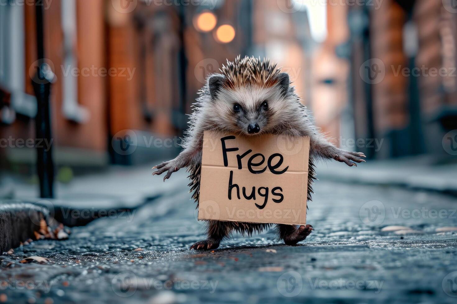 AI generated a hedgehog with Free hugs banner amused , generative ai photo