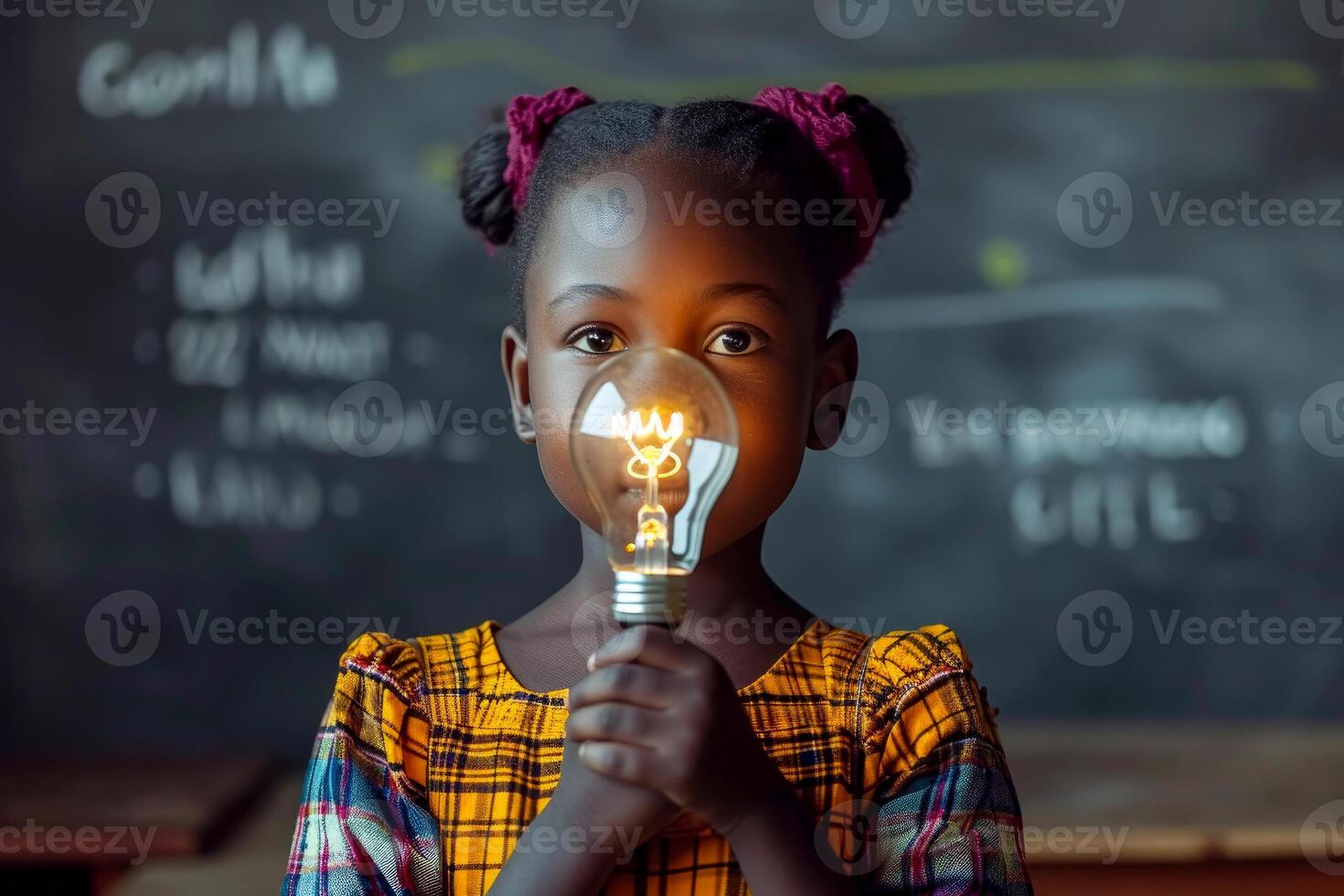 AI generated African Child holding a light bulb in the classroom, concept of ideas and creativity. Generative AI photo