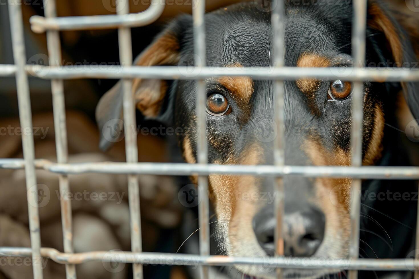 AI generated close up Sad large dogs caught in cage. Generative AI photo