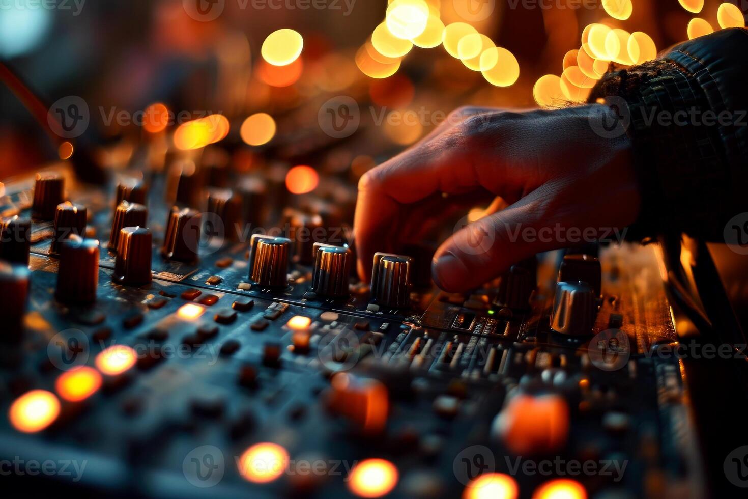 AI generated Hands of professional sound producer working on mixing desk in recording studio, Generative AI photo