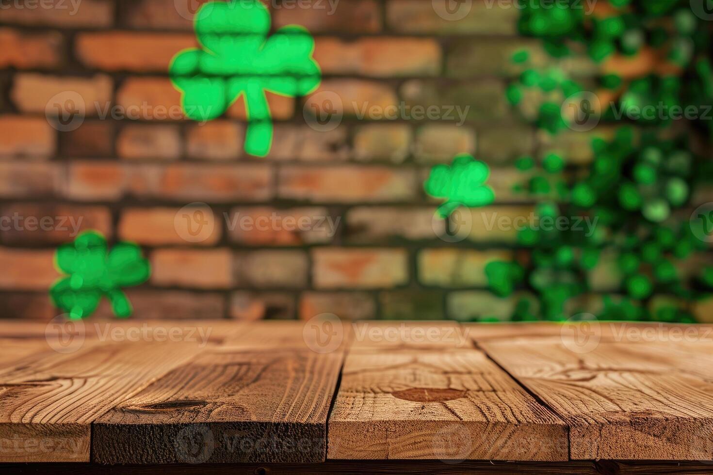 AI generated St. Patrick's Day concept. wooden table in front of shamrock leaf background . Generative Ai. photo