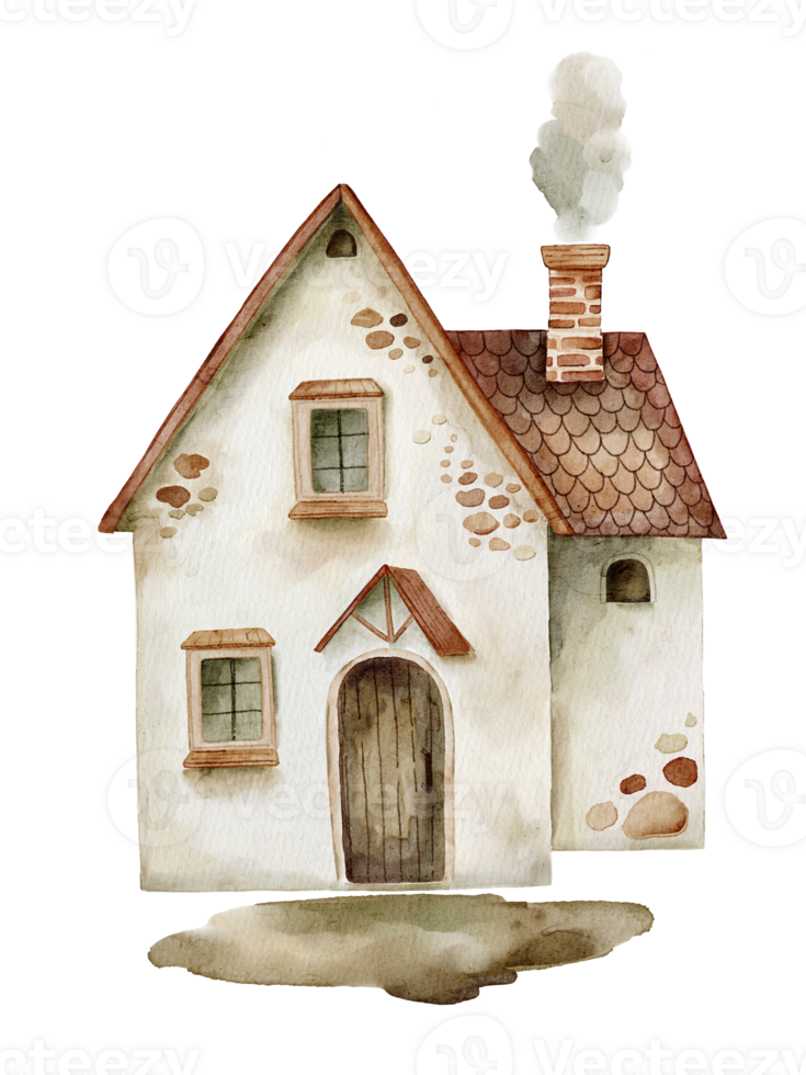 Watercolor white house with chimney in cartoon style. Hand painted png
