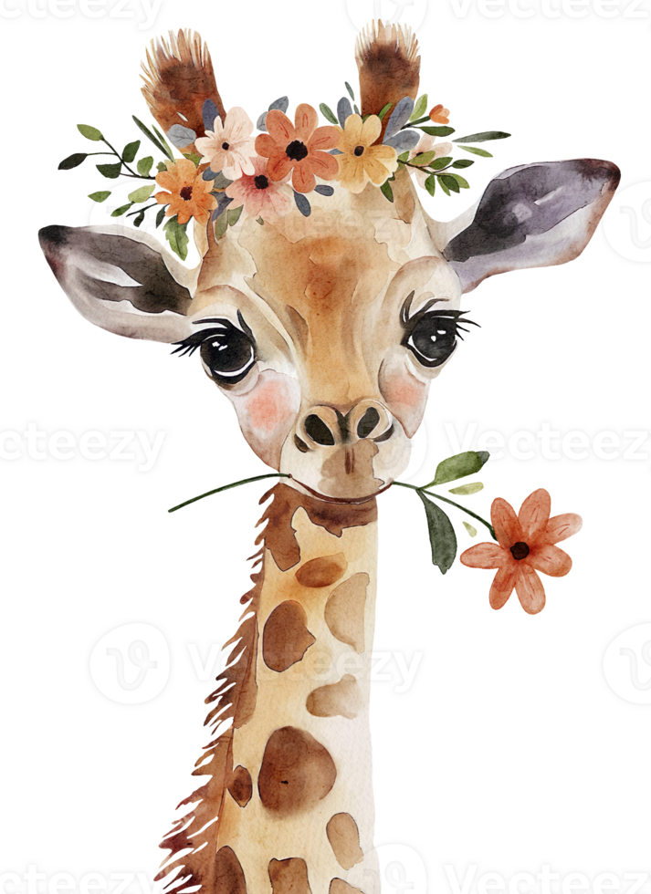 giraffe with a flower in its mouth, cute watercolor illustration png