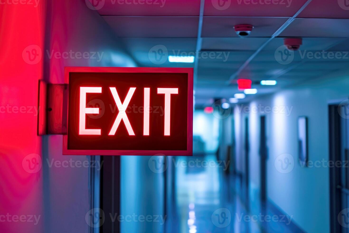 AI generated The Exit sign glowing in red shows the word EXIT to doorway. Generative AI. photo