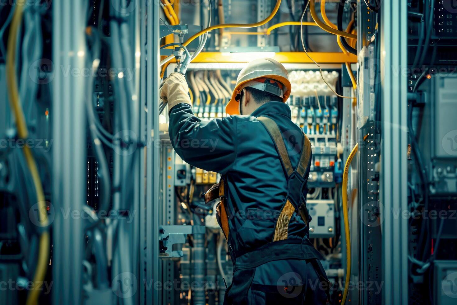 AI generated electrical engineer checks the voltage of the electrical at the terminal in the main distribution board . AI generative photo