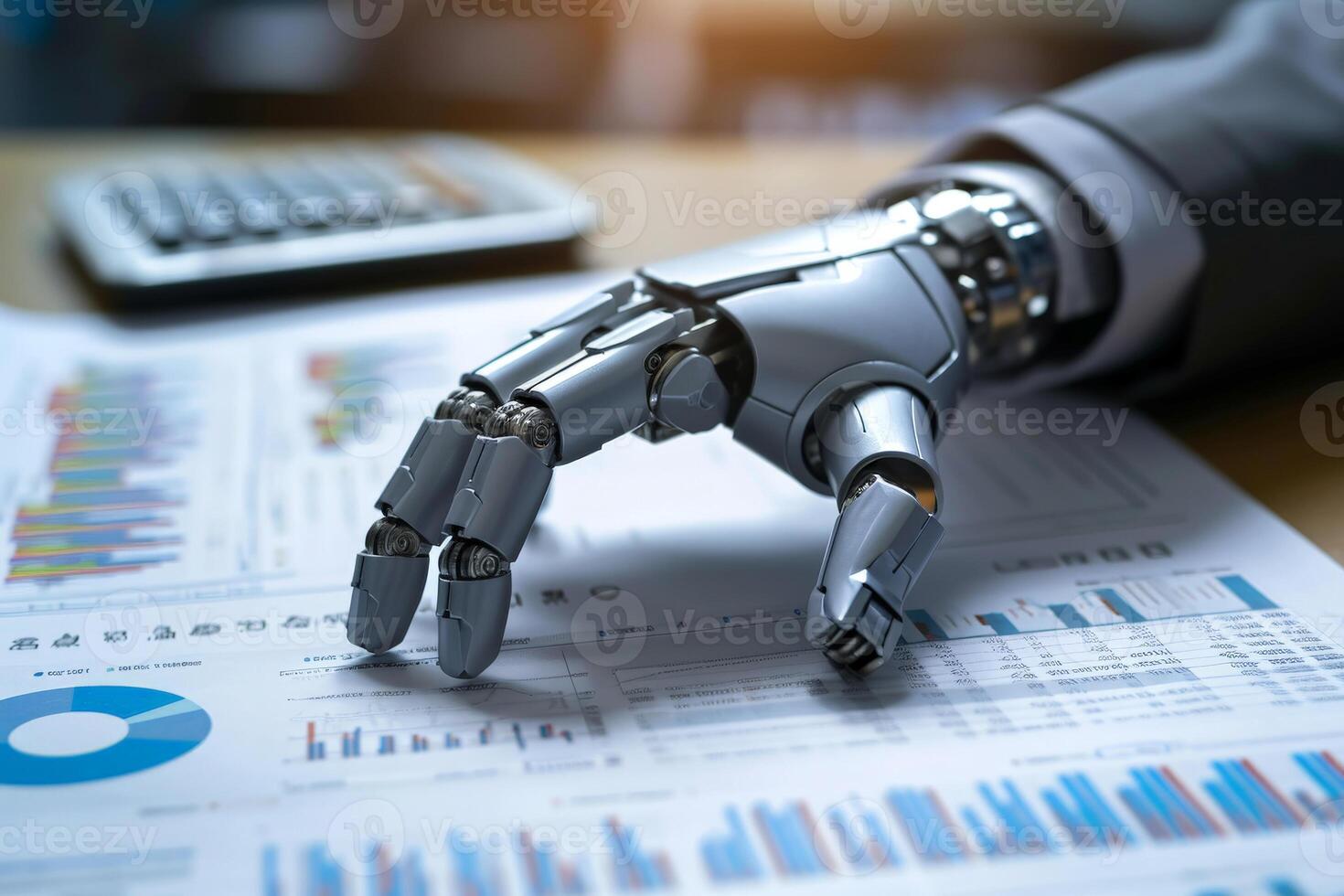 AI generated a robot hand review report. Graphs and charts. Business reports concept Ai generated photo