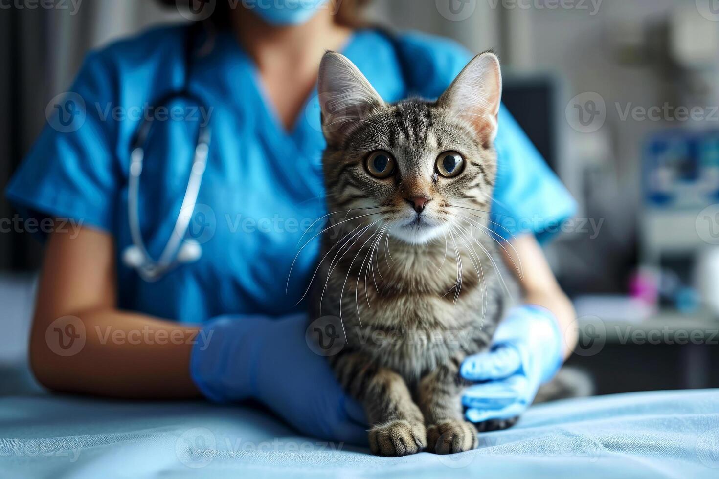 ai generado veterinario examinando un gato en un veterinario clínica, de cerca. generativo ai foto