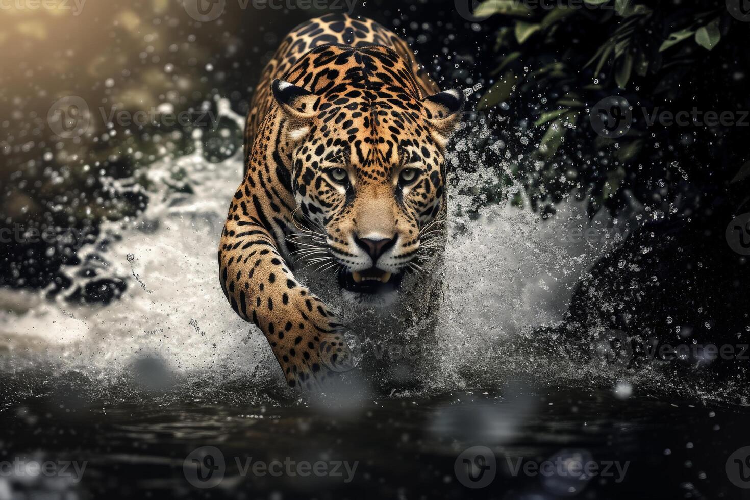 AI generated a close up of a leopard in the water with a splash of water on it's face and it's face. photo