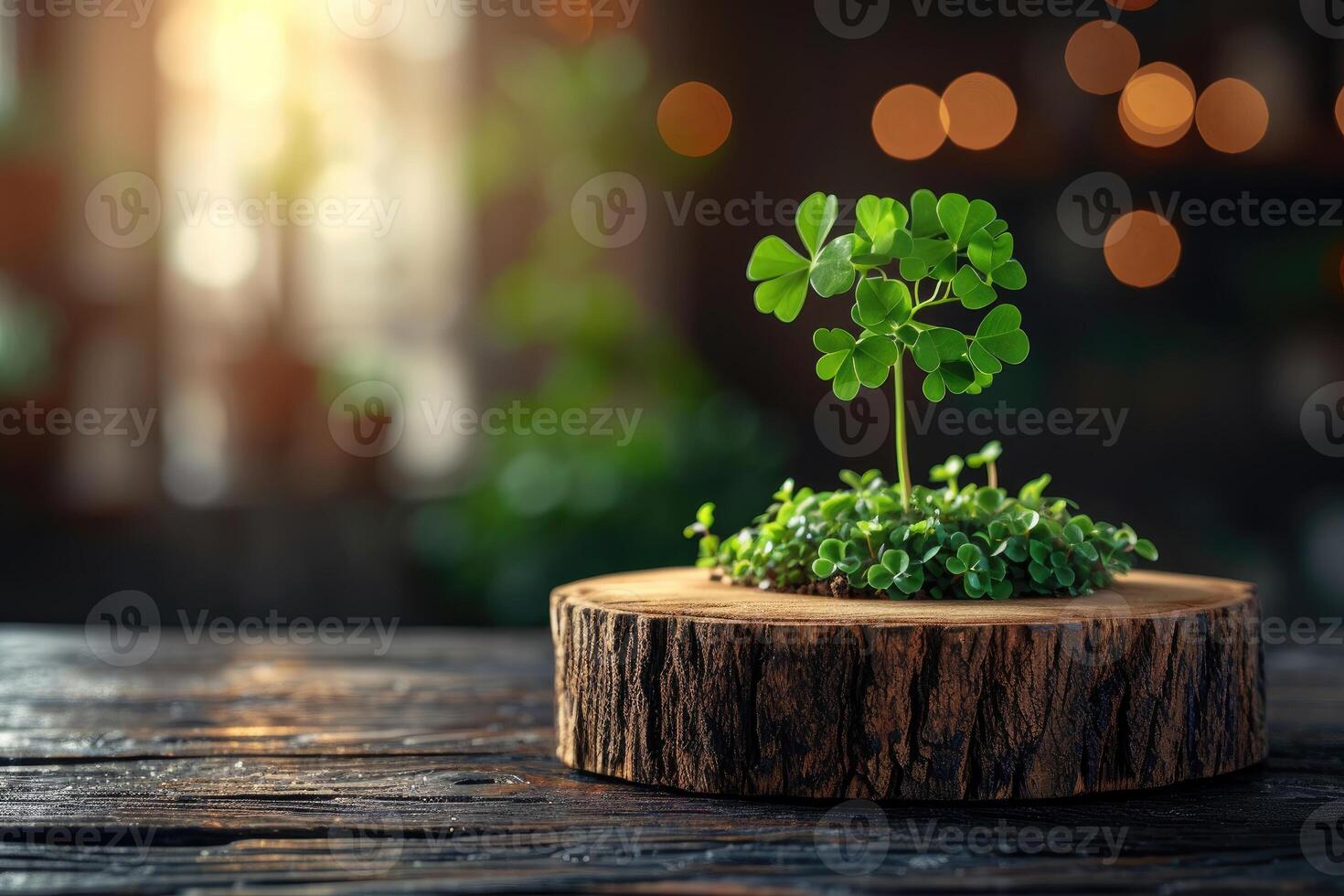 AI generated St. Patrick's Day concept. wooden table in front of shamrock leaf background . Generative Ai. photo