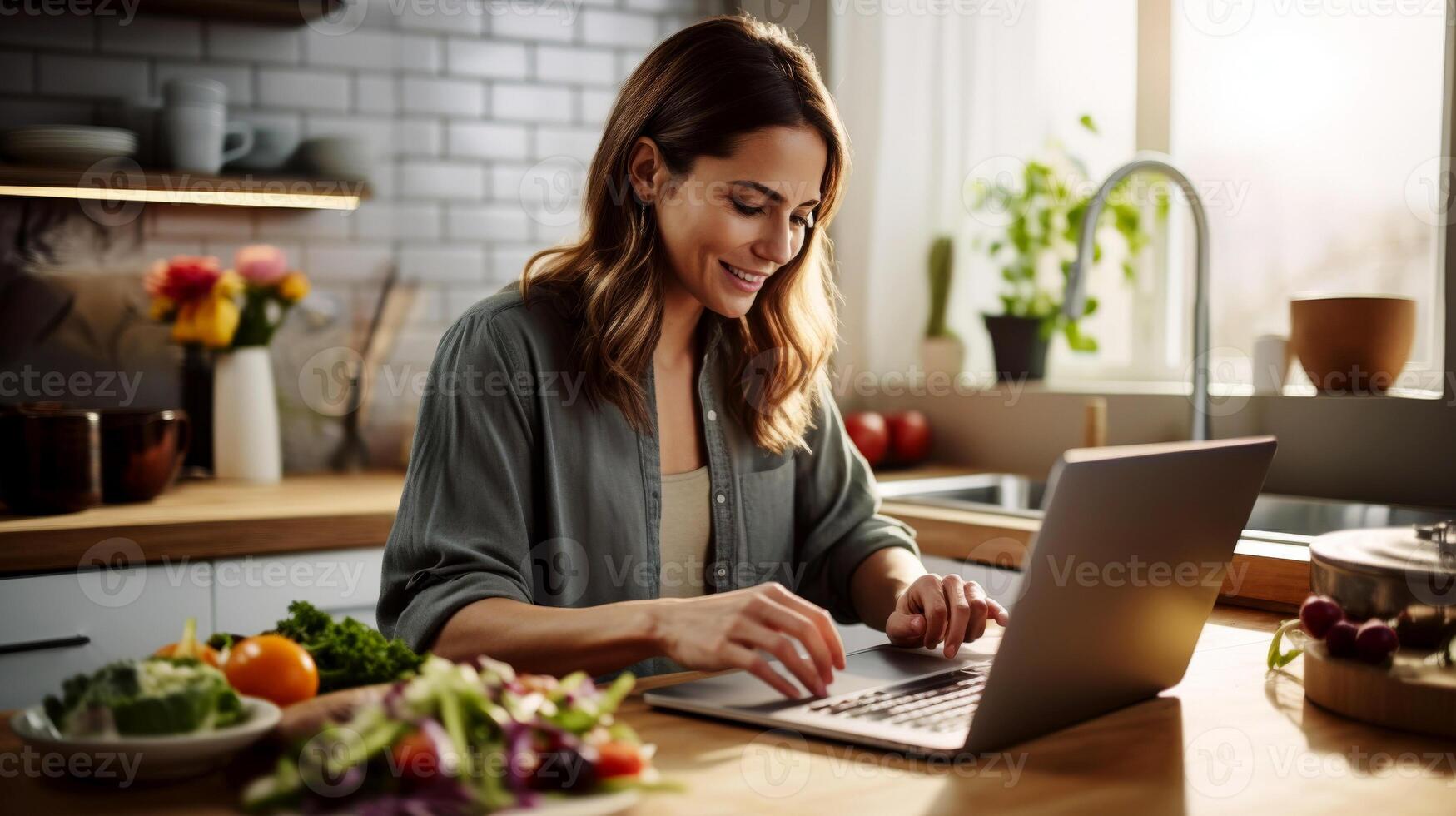 AI generated a woman using a tablet computer to cook in her kitchen Generative AI photo