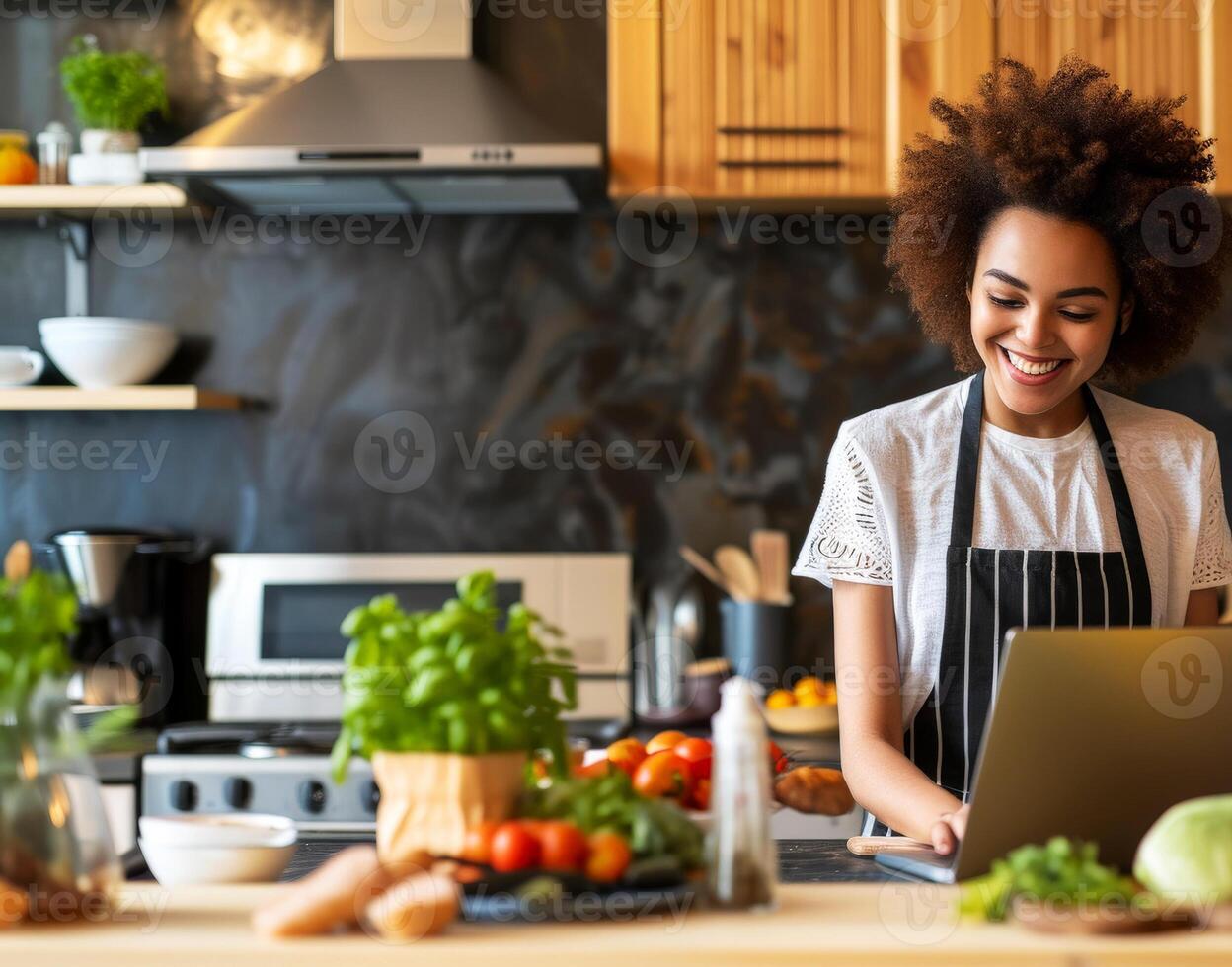 AI generated a woman using a tablet computer to cook in her kitchen Generative AI photo