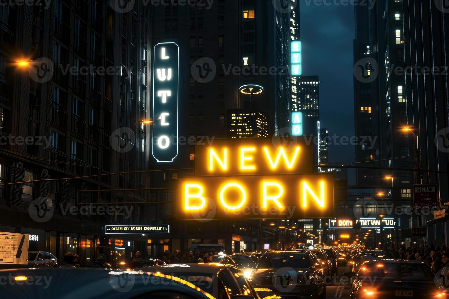 AI generated a word new born on billboard in the city .war concept Generative AI photo