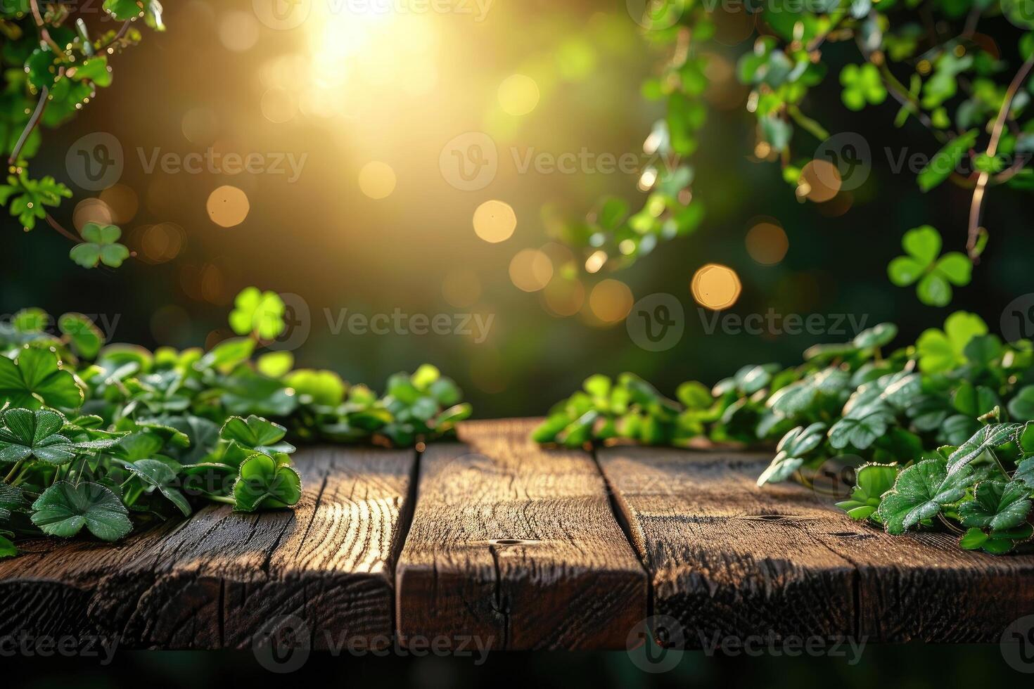 AI generated St. Patrick's Day concept. wooden table in front of shamrock leaf background . Generative Ai. photo