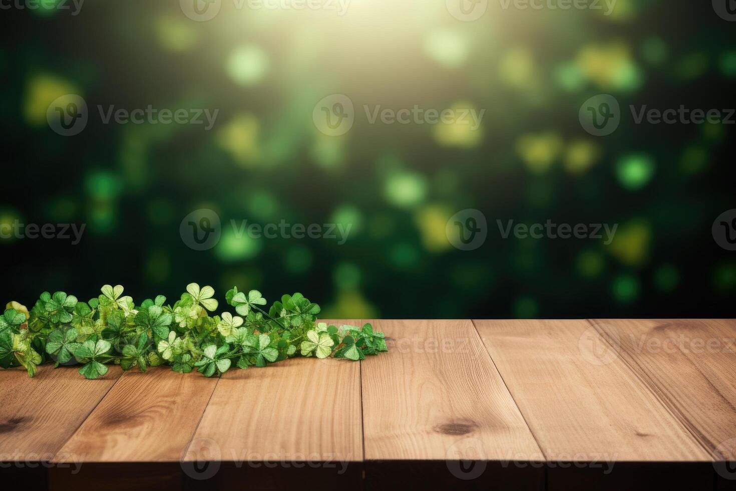AI generated St. Patrick's Day concept. wooden table in front of shamrock leaf background . Generative Ai. photo