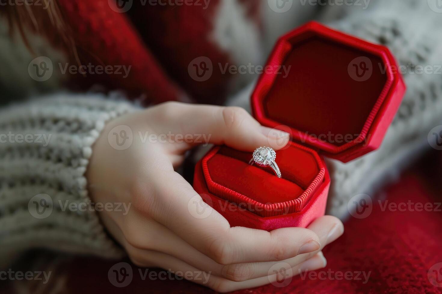 AI generated diamond ring in red box in woman hand on . ai generative photo