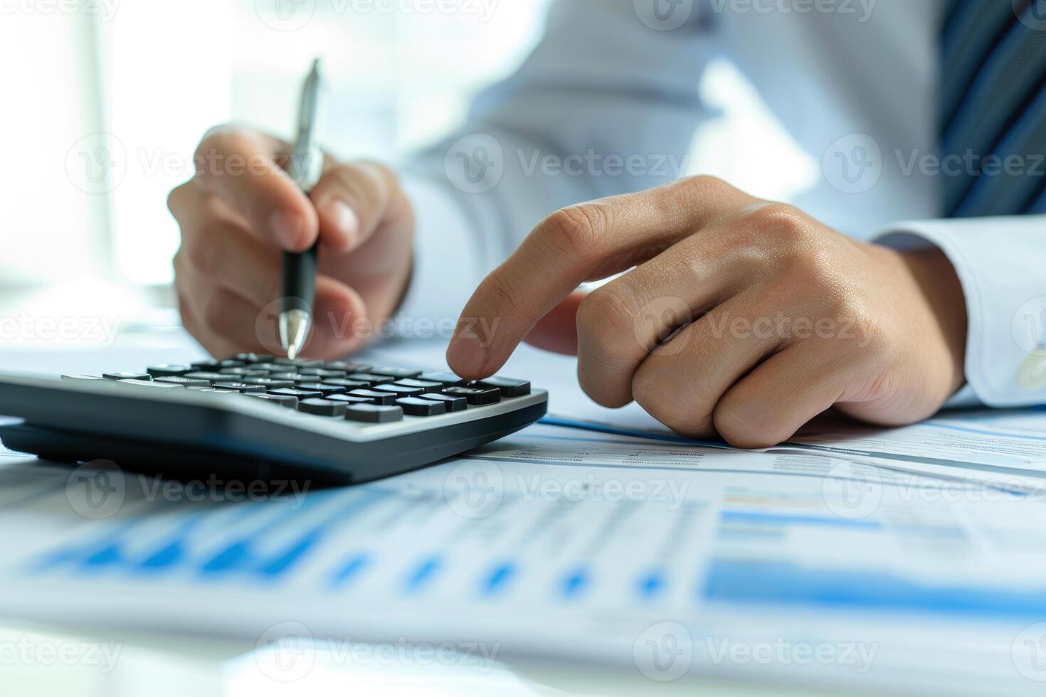 AI generated Financial data analyzing counting concept for Businessman's hands with calculator and laptop on desk in modern office. Generative AI photo