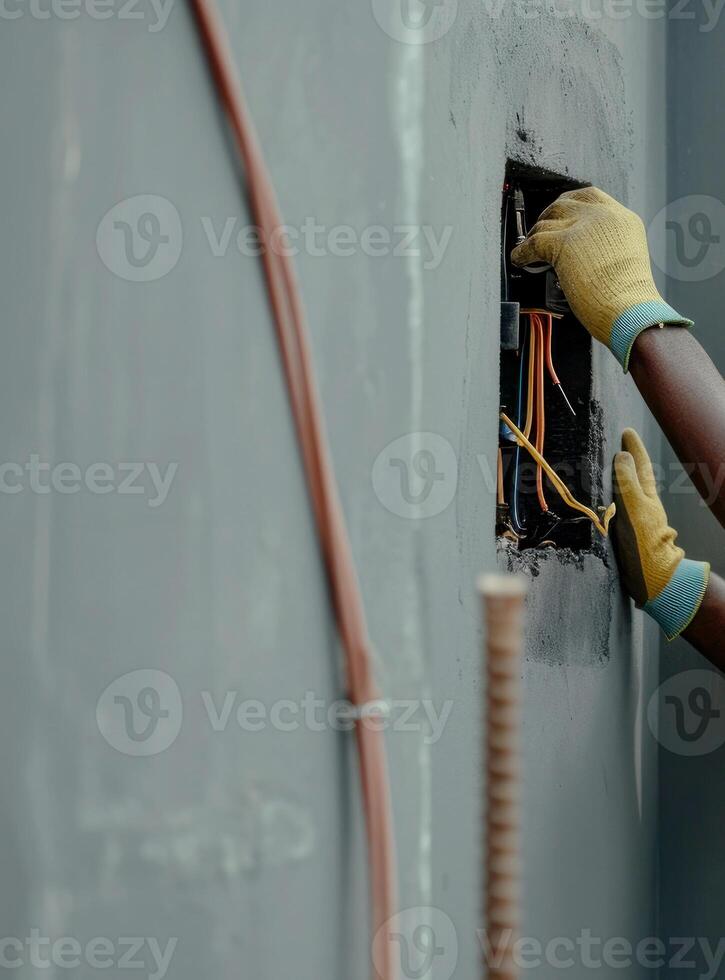 ai generado electricista hombre trabajador comprobación eléctrico caja en un oficina habitación . generativo ai foto