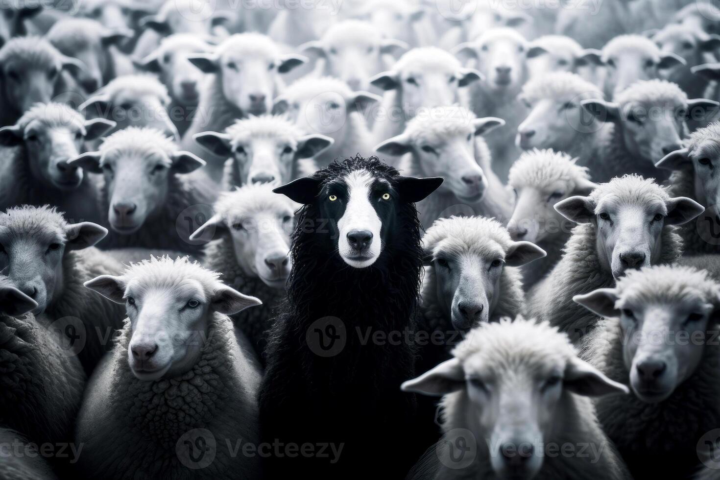 AI generated A flock of white sheep with black in the middle. generative ai photo