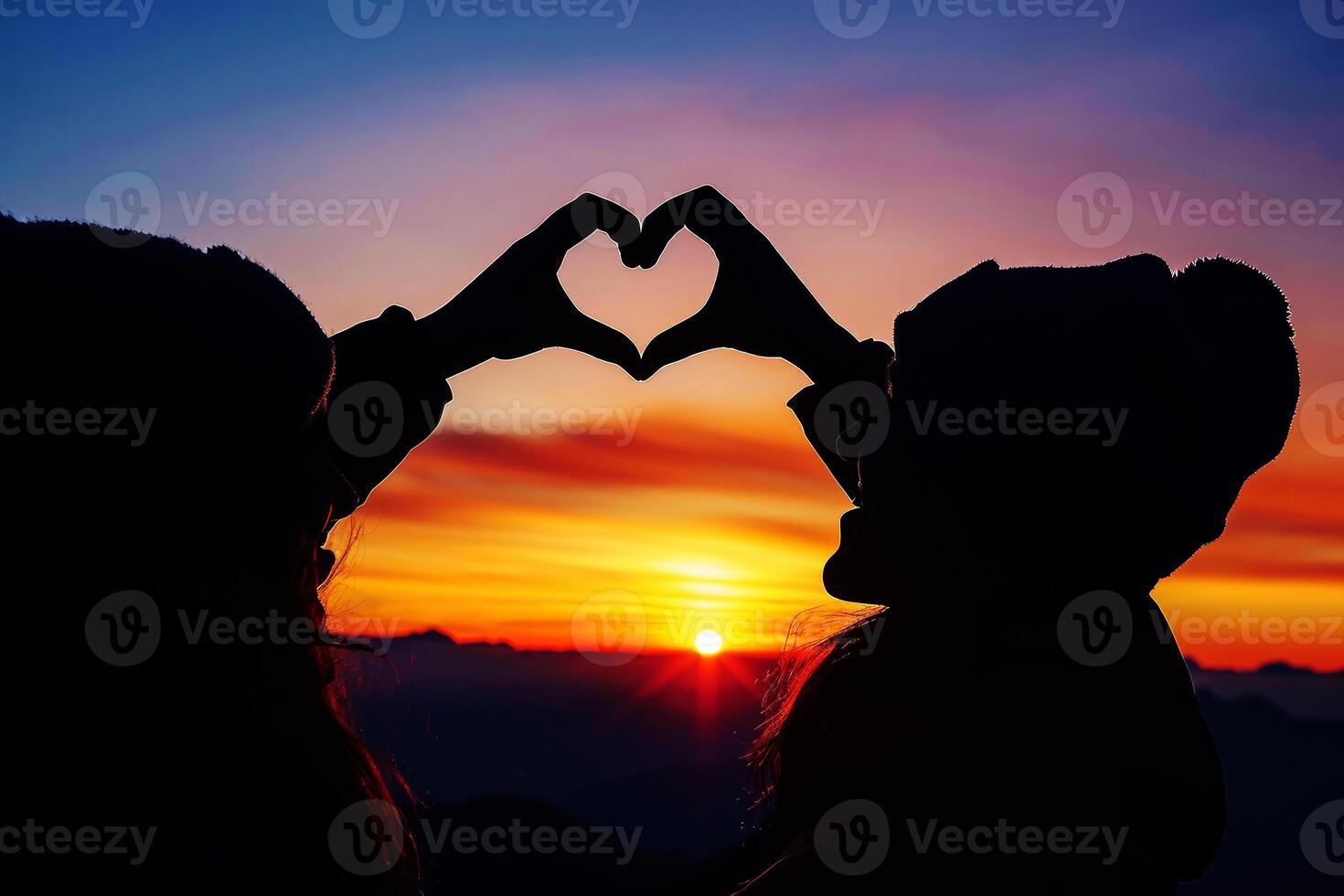 AI generated A couple of love makes a heart-shaped gesture, while the sunset. AI Background photo