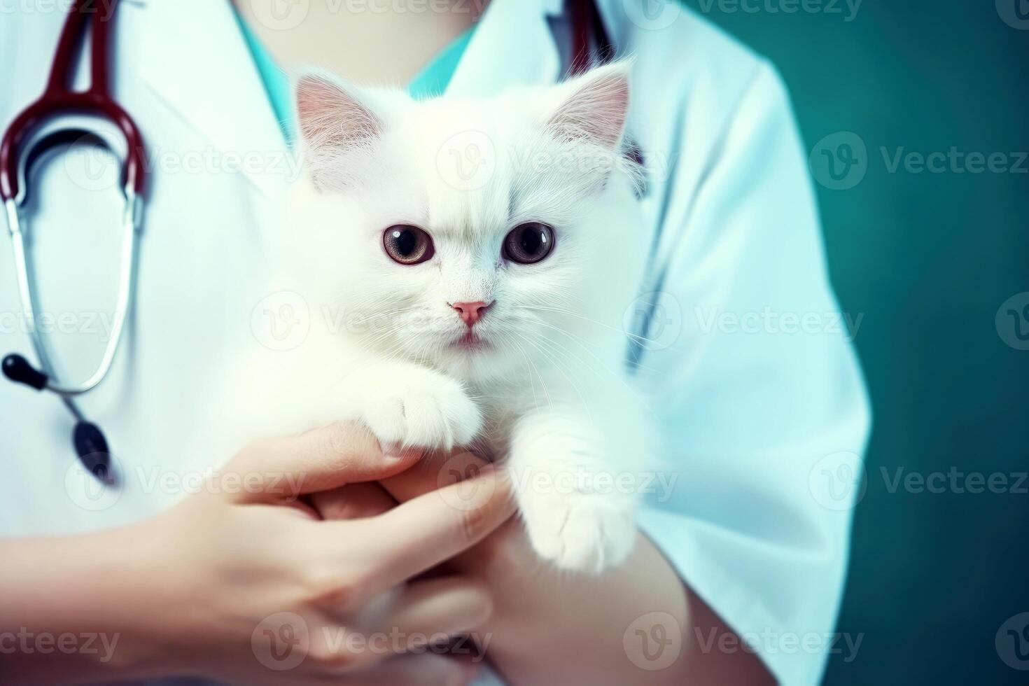 ai generado veterinario examinando un gato en un veterinario clínica, de cerca. generativo ai foto